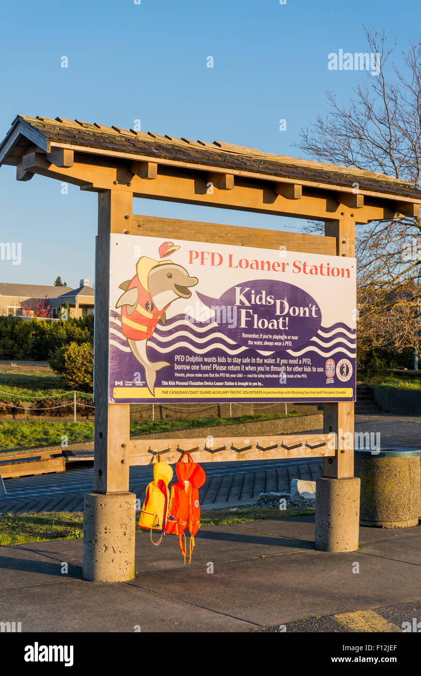 PFD loaner station, Comox Marina, Vancouver Island, British Columbia, Canada Stock Photo