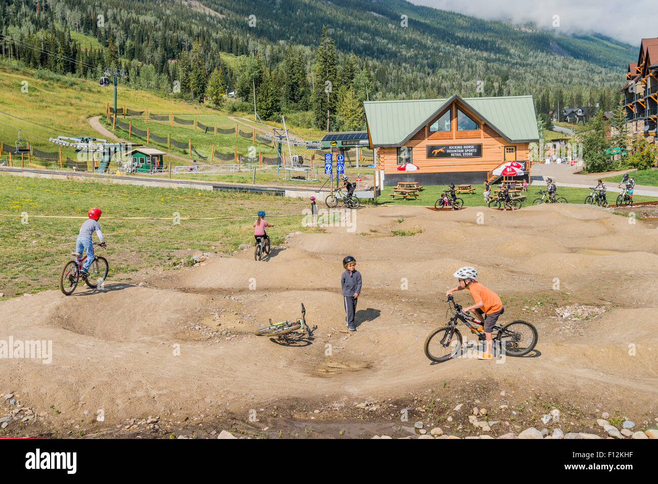 Kids Mountain bike course, Kicking Horse Resort, near Golden, British Columbia, Canada Stock Photo