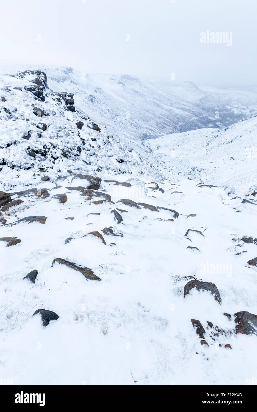 Winter snow on Grindsbrook Clough, Kinder Scout, Derbyshire, Peak District, England, UK Stock Photo