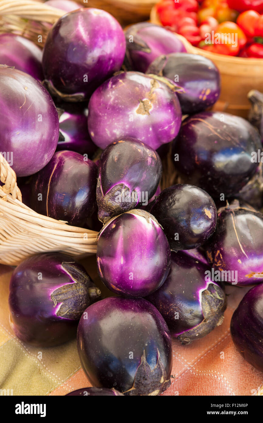 organic eggplant, Farmers Market, Santa Barbara, California Stock Photo