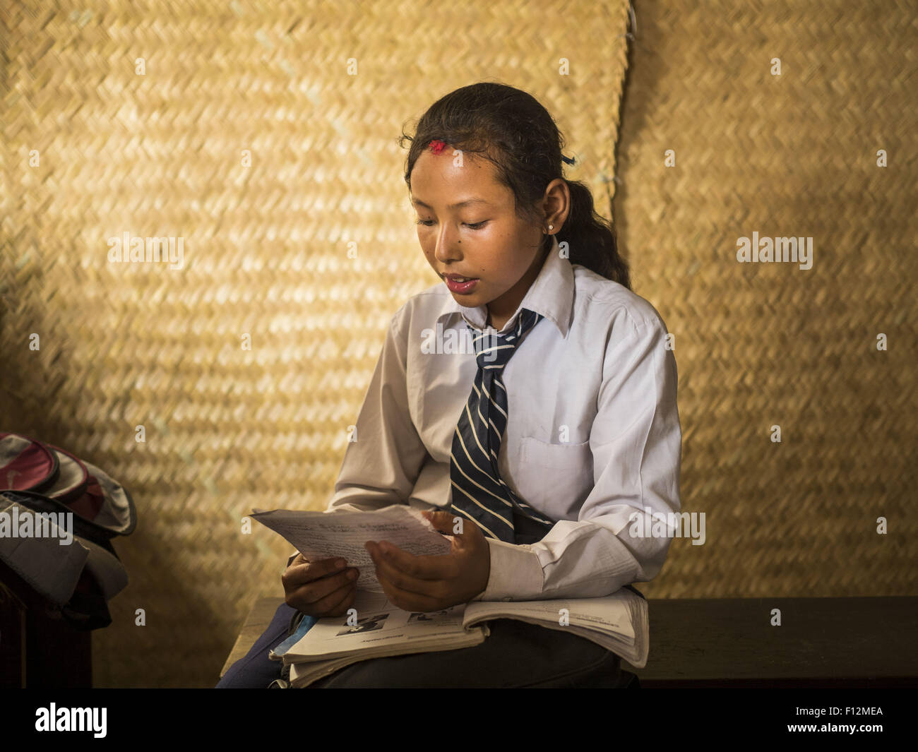 Bhaktapur, Nepal. 2nd Aug, 2015. A student at Sharada Higher Secondary School in Bhaktapur studies in a temporary classroom made out of woven mats before an exam. About half of the school was destroyed in the earthquake that struck in April 2015. The school is being rebuilt by the staff in their spare time. (Credit Image: © Jack Kurtz/zReportage.com via ZUMA Press) Stock Photo