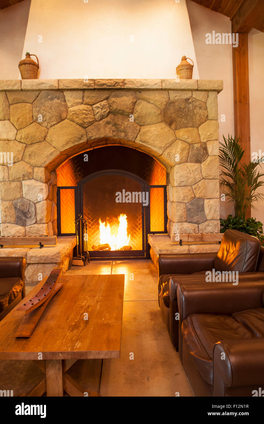 interior fireplace, Roblar Winery, Santa Ynez Valley, California Stock Photo