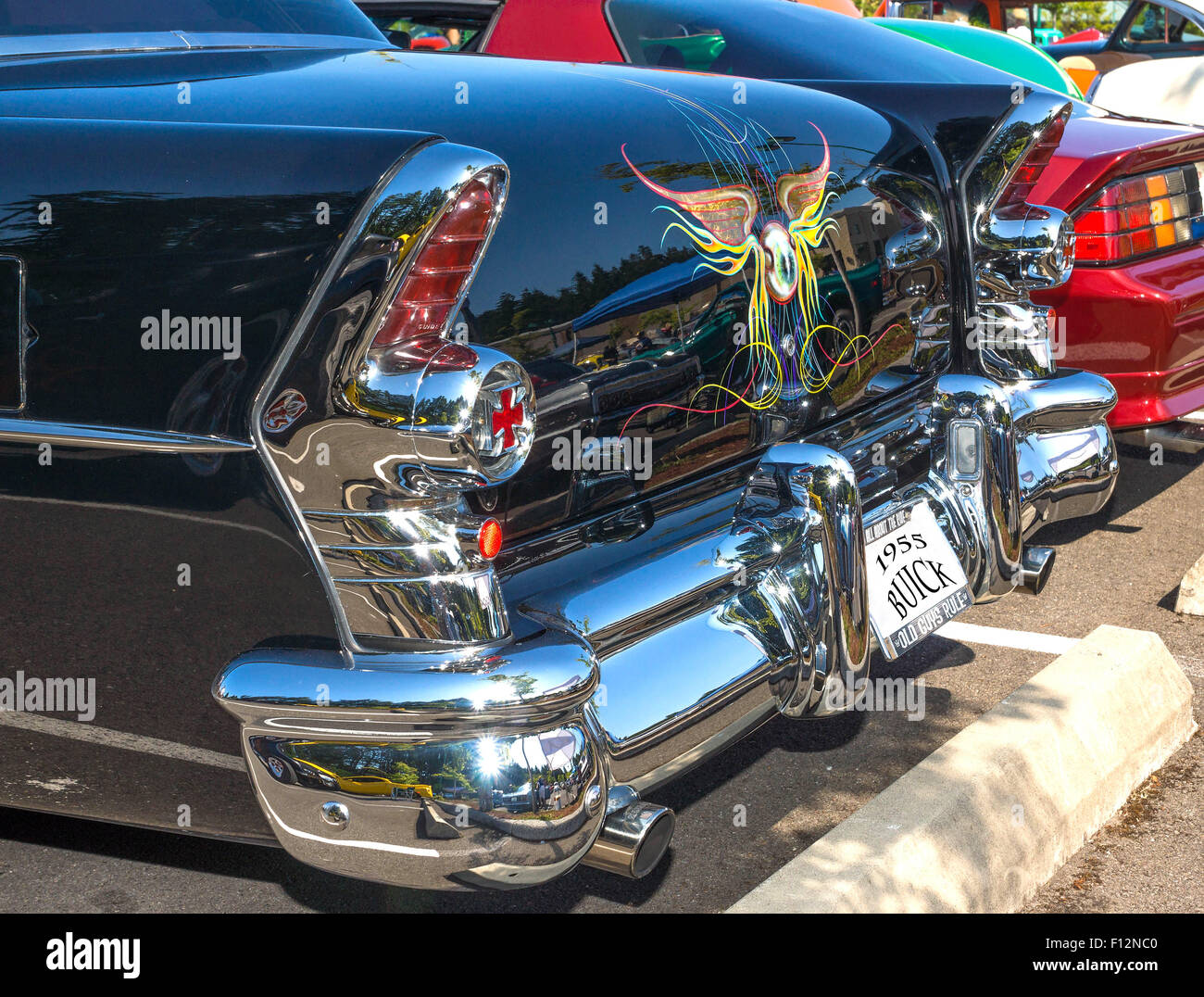 Rear view of a 1955 restored and customized Buick at a August, 2014 classic car show in Washington, State. Stock Photo