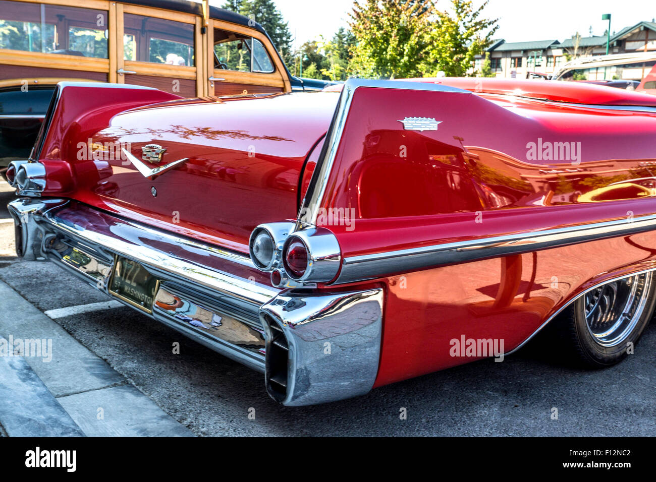 Rear view of a 1957 restored and customized Cadillac at a 4 August, 2014  classic car show in Gig Harbor, Washington, State Stock Photo