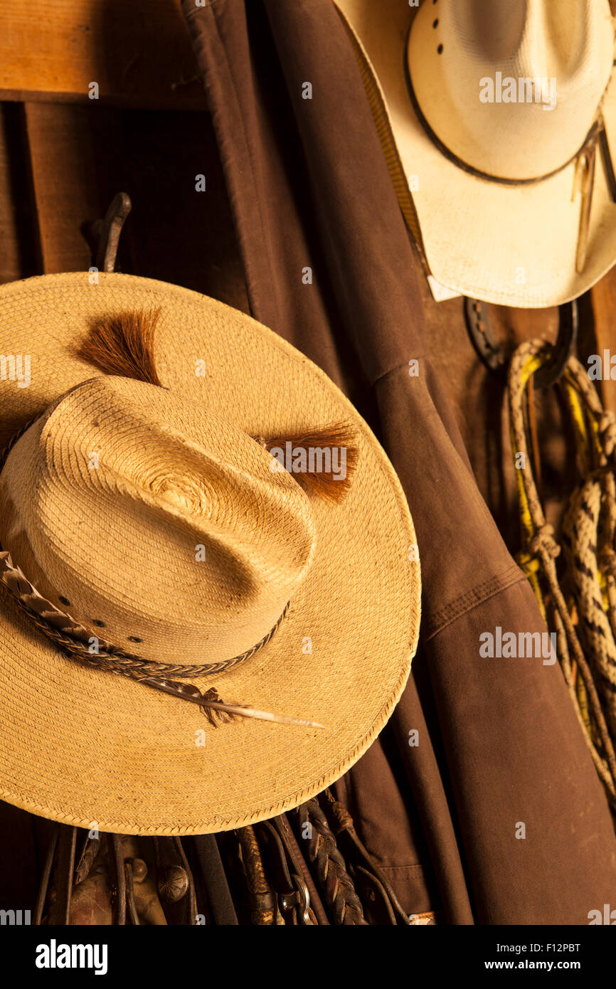 Stetson straw hats hanging in tack barn, Alisal Guest Ranch, Solvang, California Stock Photo