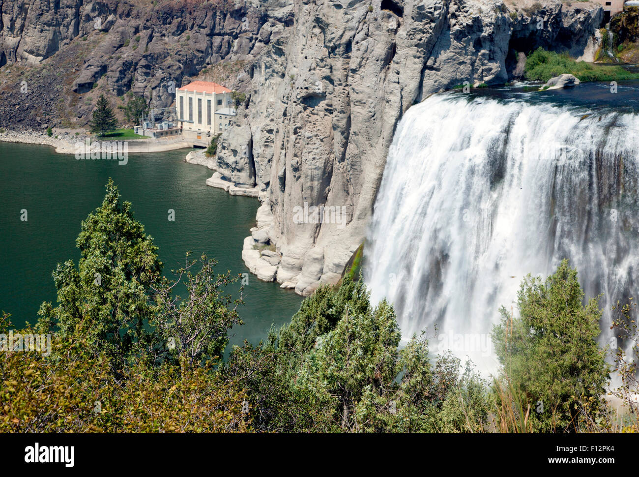 Shoshone Falls, Snake River Canyon, with Hydroelectric power house, Idaho, 2015. Stock Photo