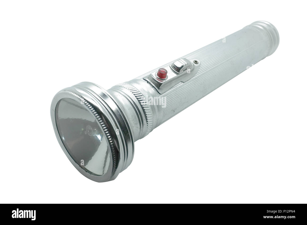 Old metal flashlight, silver torch Stock Photo