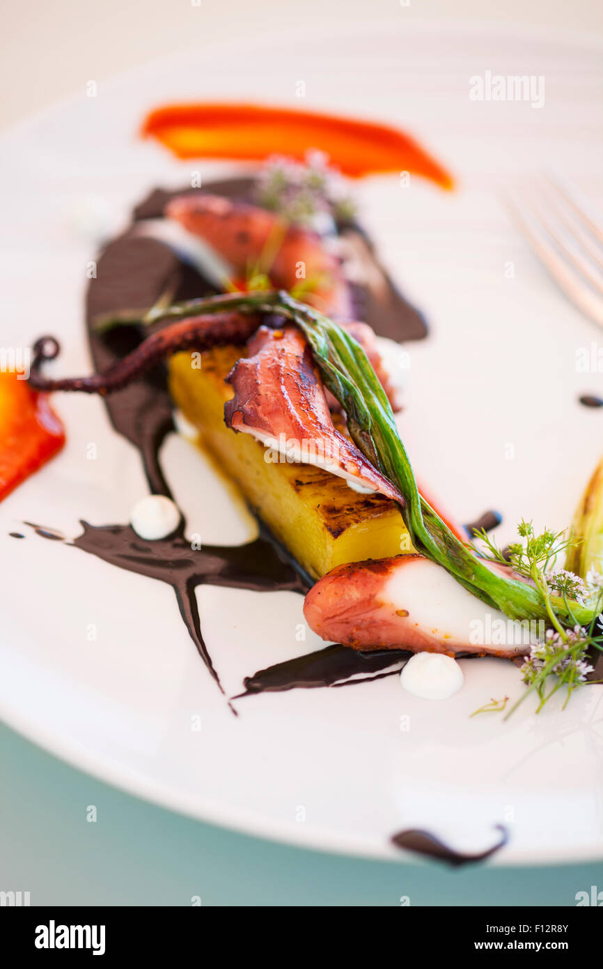 grilled octopus with roasted tomato, taggiasca olive and red pepper, Tydes Resataurant, Coral Casino, Biltmore Hotel, Santa Barb Stock Photo
