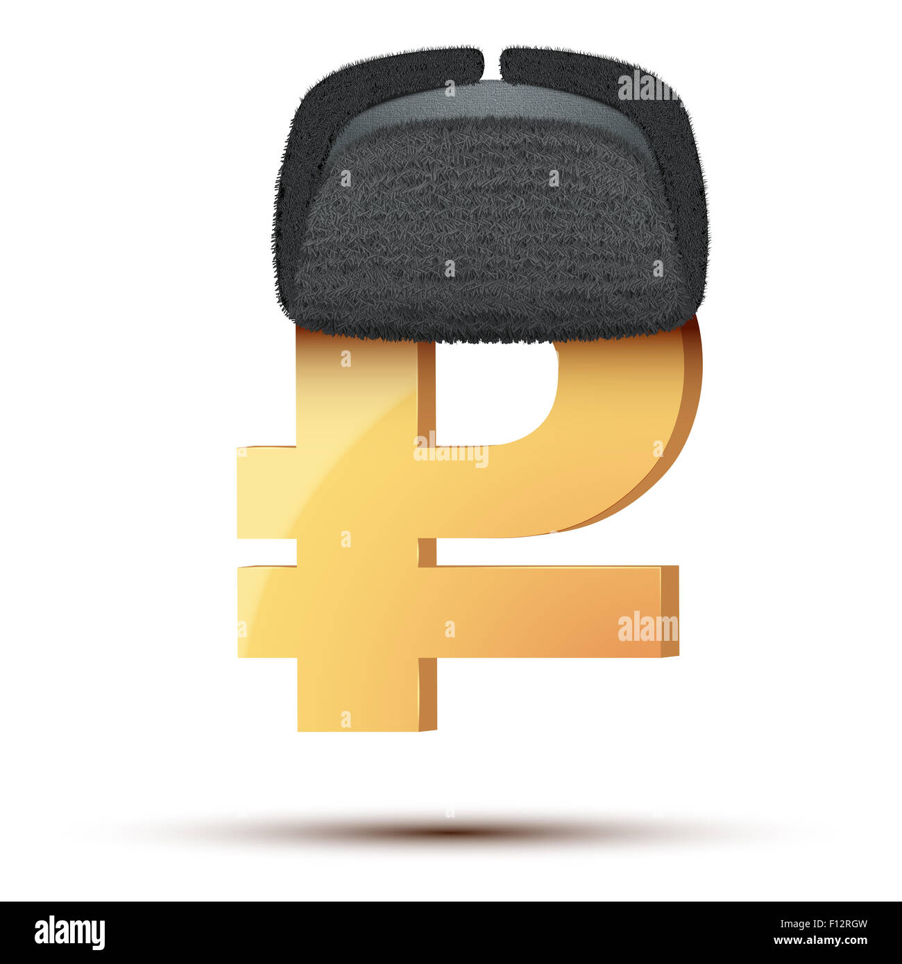 Symbol of the russian ruble in ushanka hat. Stock Photo