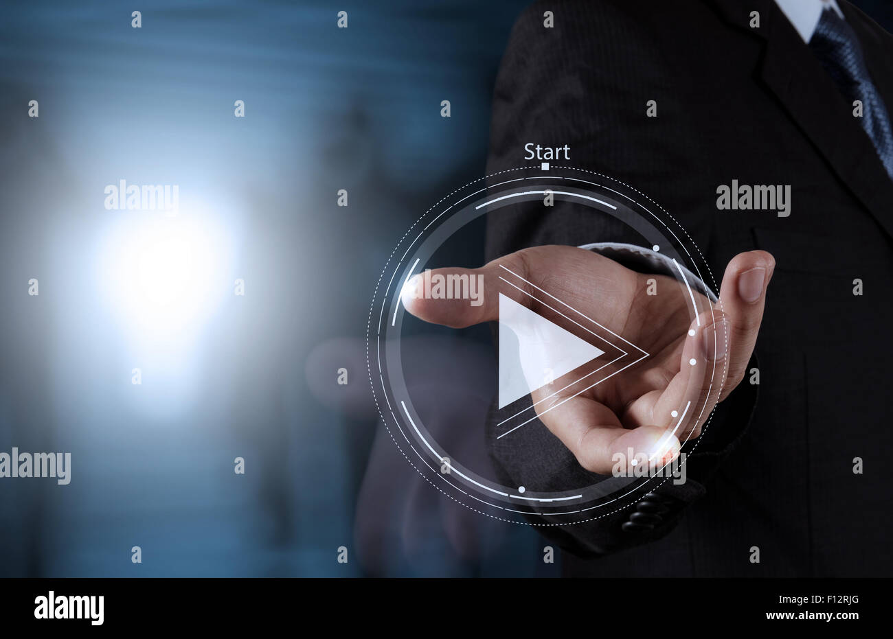 hand press play button sign to start or initiate projects as concept ...