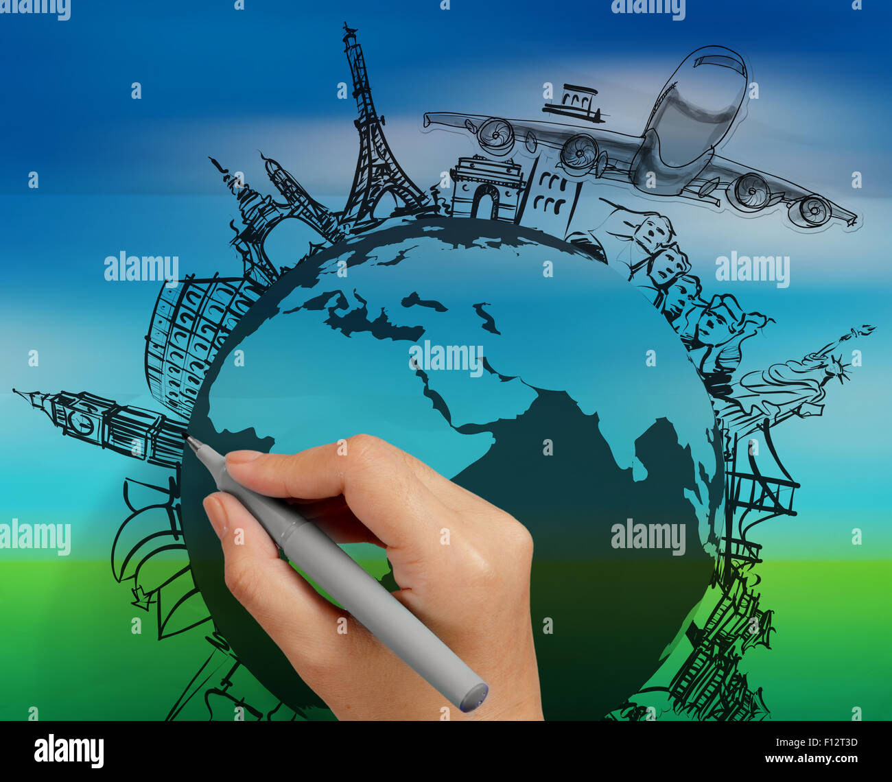 hand drawn traveling around the world by air plane on nature background ...