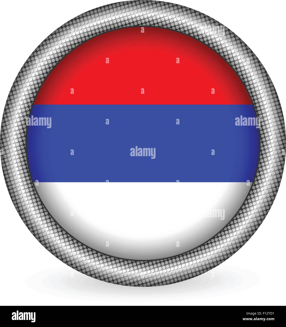 Round button with metal frame. Illustration of flag of Russia