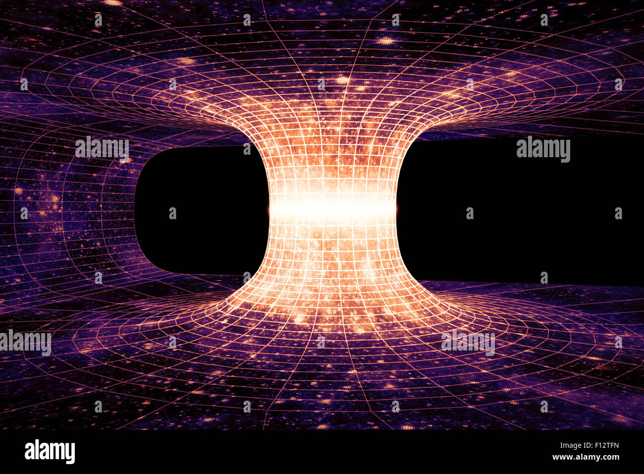A wormhole, or Einstein-Rosen Bridge, is a hypothetical shortcut connecting two separate points in spacetime. Stock Photo