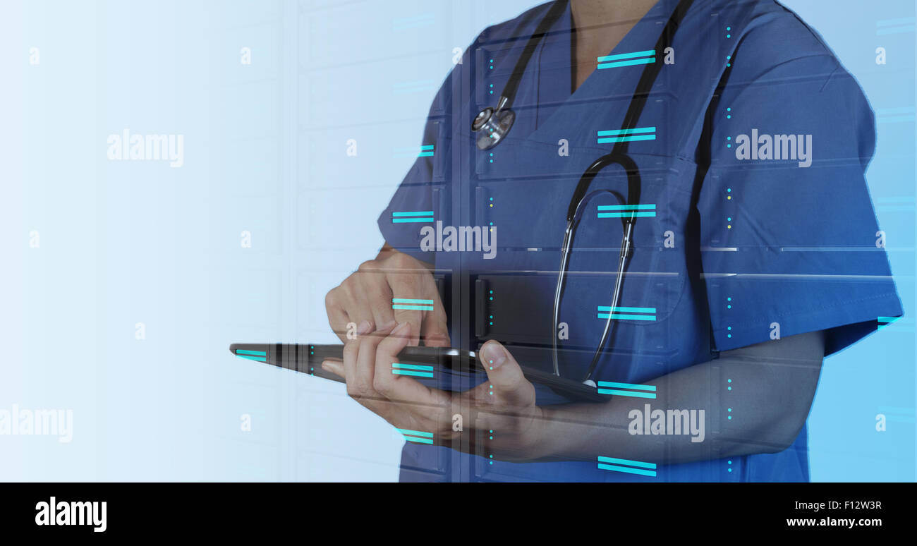 Double exposure of Doctor working with tablet computer with operating ...