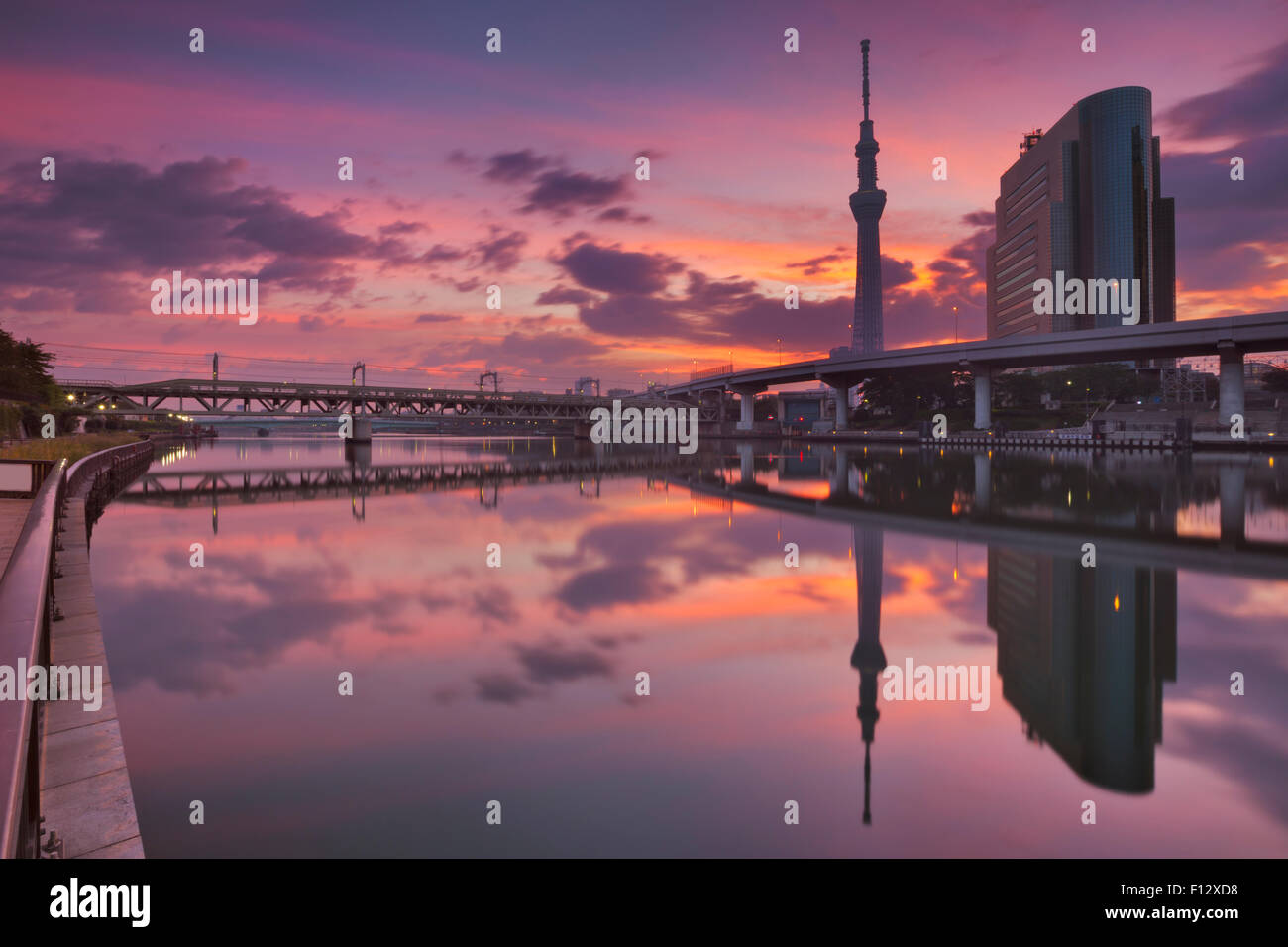 The Tokyo Sky Tree in Tokyo, Japan, reflected in the Sumida River at sunrise. Stock Photo