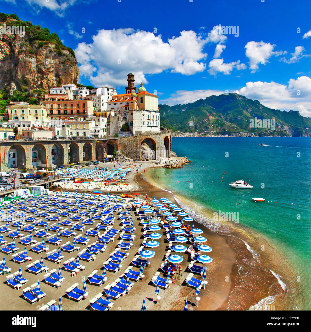 Beautiful Atrani village , view with beach - pictorial Amalfi coats . Italy Stock Photo