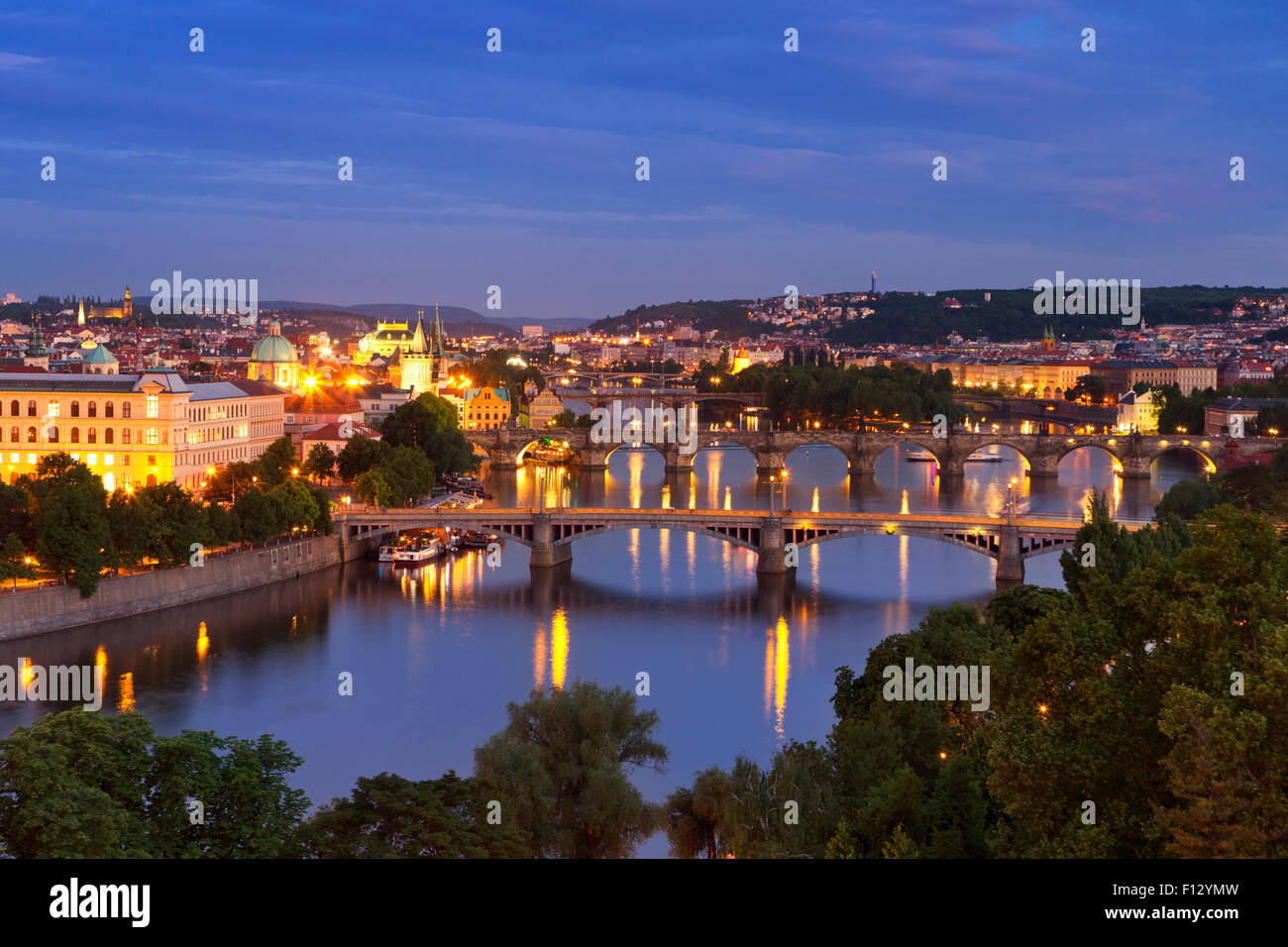 Bridges over the Vltava River in Prague, Czech Republic. Photographed from above at night. Stock Photo