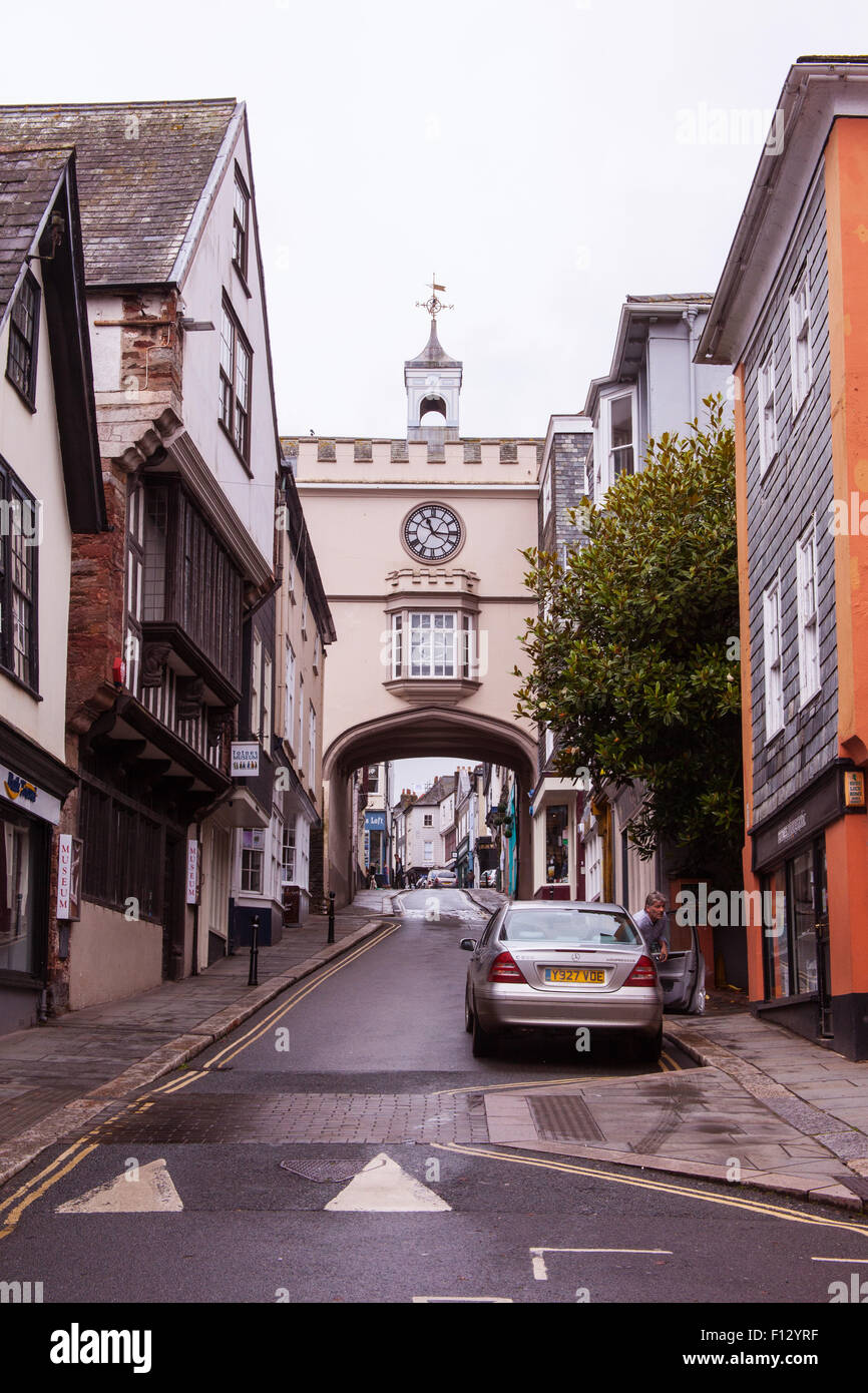 East Gate Arch and clock tower, Fore Street, Totnes, Devon, England, United Kingdom Stock Photo