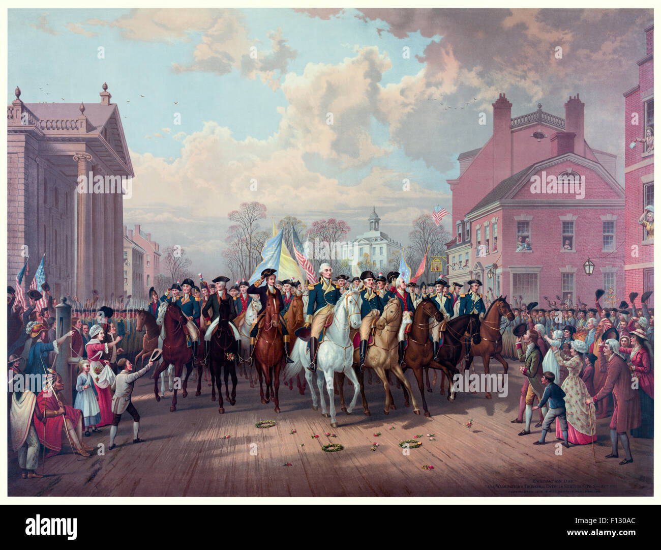 ' 'Evacuation Day' Washington's Triumphal Entry In New York City, Nov. 25th, 1783' by Edmund P. Restein (1837-1891). See description for more information. Stock Photo