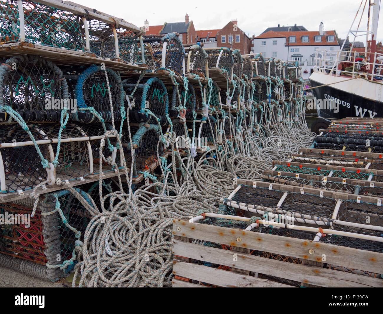 Fishing nets, rope and lobster pots Stock Photo