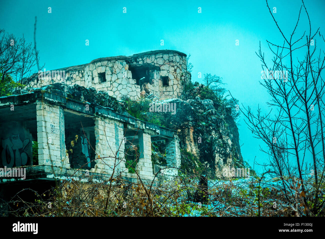 War destroyed building overlooking Sarajevo, Bosnia and Herzegovina Stock Photo