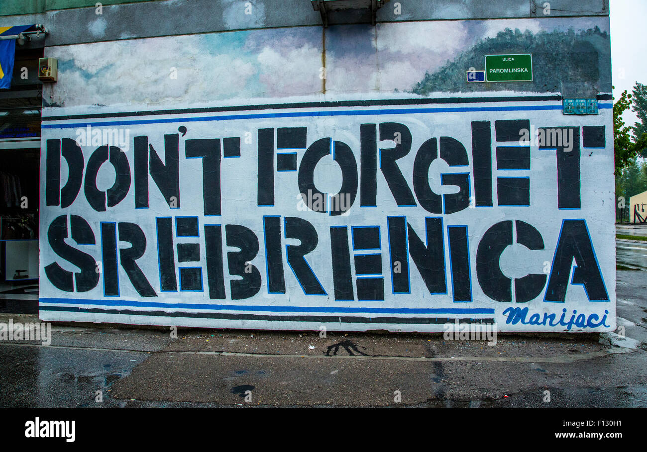 Don't forget Srebrenica massacre war crime poster in Sarajevo, Bosnia and Herzegovina Stock Photo