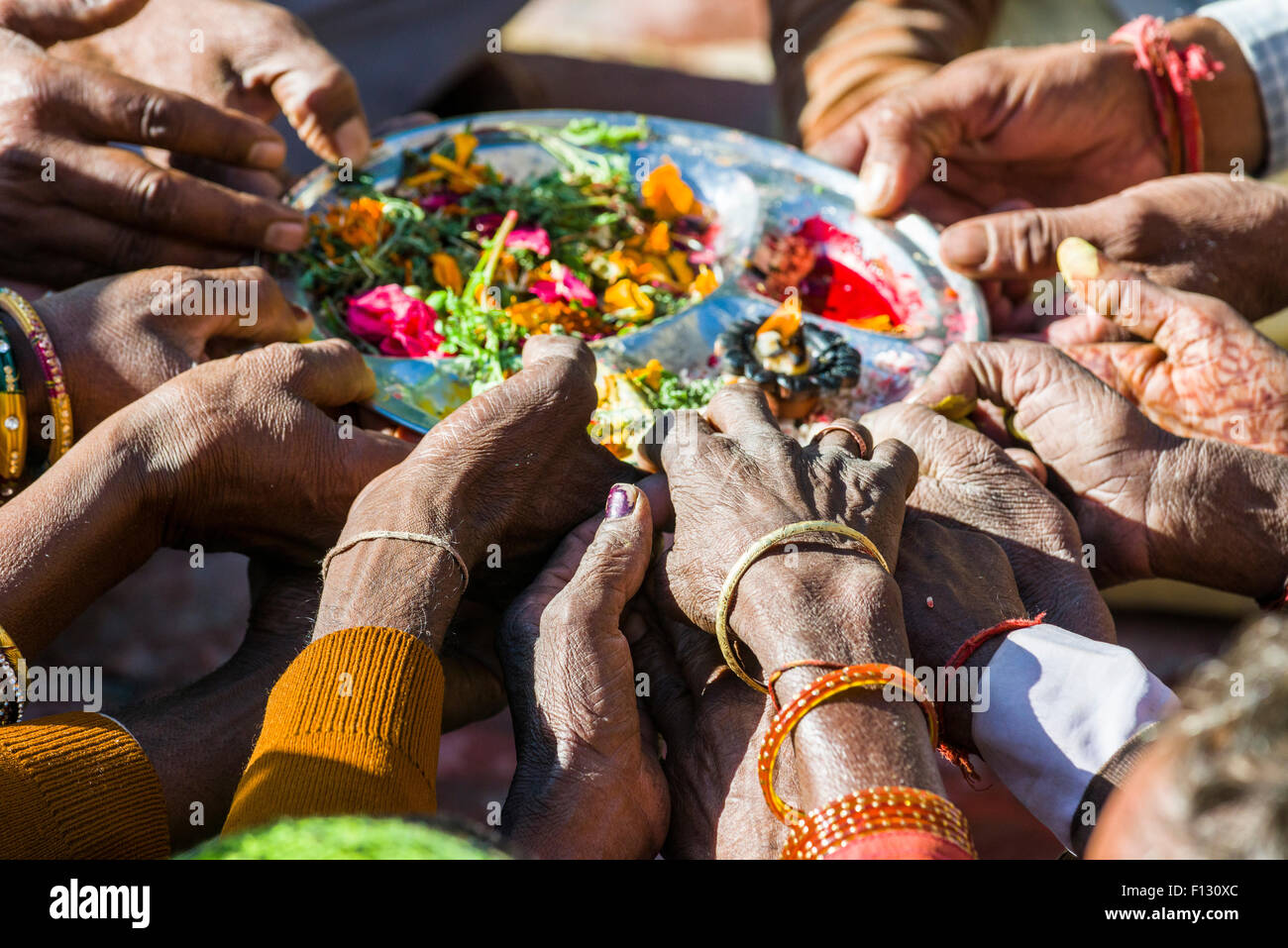 Many hands are holding a plate, pilgrims performing Ganga Pooja, a religious ceremony, Gangotri, Uttarakhand, India Stock Photo