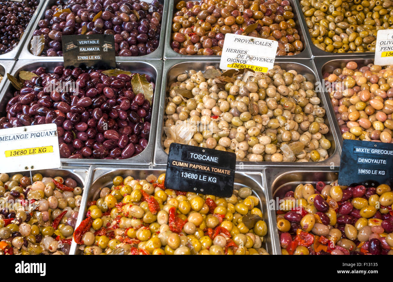 Selection of olives on market stall France Stock Photo Alamy