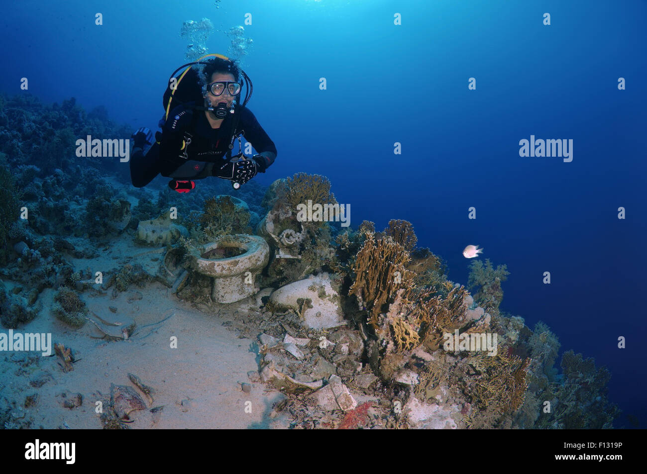 Red Sea, Egypt. 15th Oct, 2014. Diver looking at the plumbing on the shipwrecks in Ras Muhammad National Park, Sharm el-Sheikh, Red sea, Egypt, Africa © Andrey Nekrasov/ZUMA Wire/ZUMAPRESS.com/Alamy Live News Stock Photo