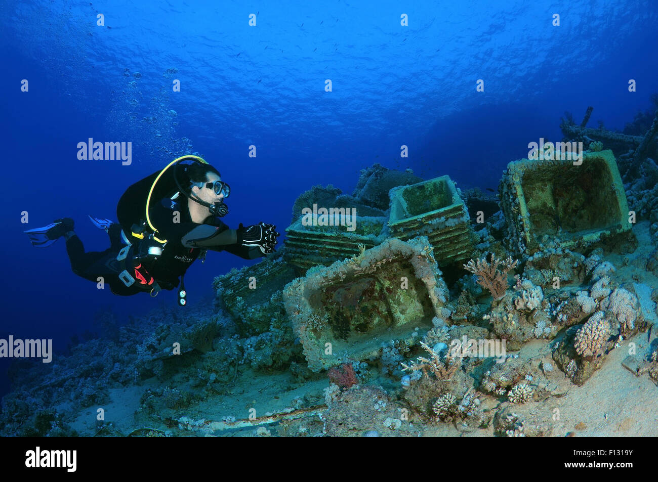 Red Sea, Egypt. 15th Oct, 2014. Diver looking at the plumbing on the shipwrecks in Ras Muhammad National Park, Sinai, Sharm el-Sheikh, Red sea, Egypt, Africa © Andrey Nekrasov/ZUMA Wire/ZUMAPRESS.com/Alamy Live News Stock Photo