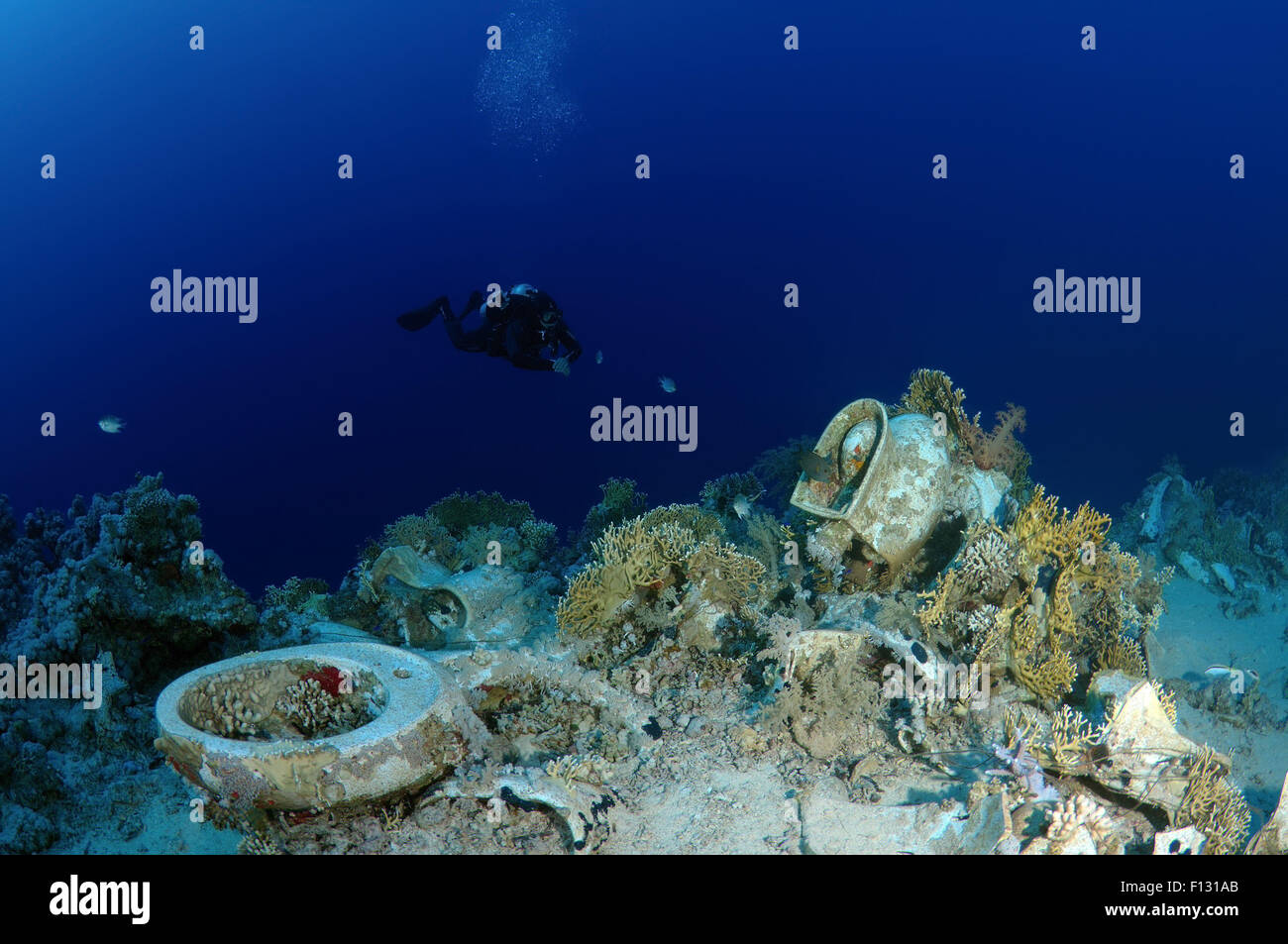 Red Sea, Egypt. 15th Oct, 2014. Diver looking at the plumbing on the shipwrecks in Ras Muhammad National Park, Sharm el-Sheikh, Red sea, Egypt, Africa © Andrey Nekrasov/ZUMA Wire/ZUMAPRESS.com/Alamy Live News Stock Photo