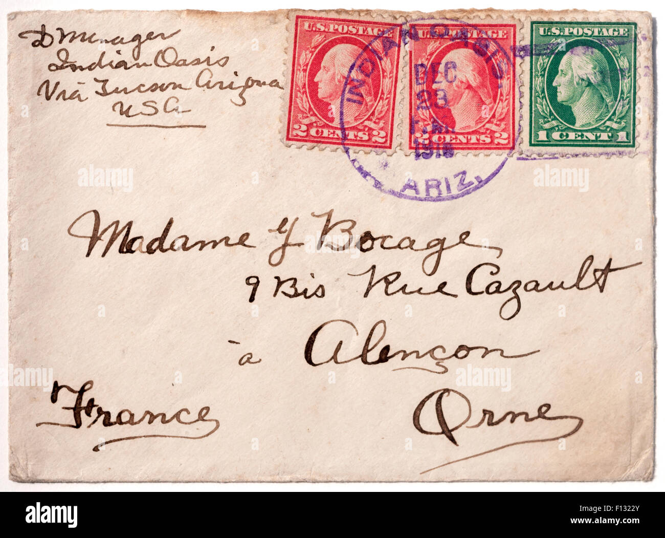 Old 1916 American letter from Indian Oasis, Arizona, USA. Stock Photo