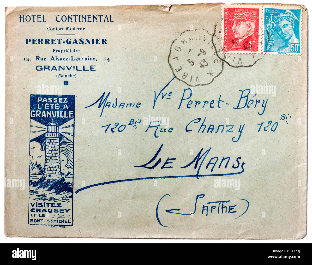 Old 1947 French letter with lighthouse hotel advert - France. Stock Photo