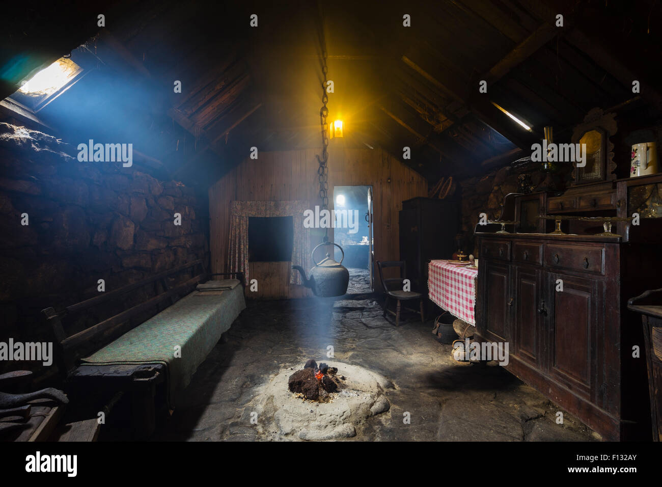 Interior of the Arnol Black House Museum, Arnol, Isle of Lewis, Outer Hebrides, Scotland, Europe Stock Photo