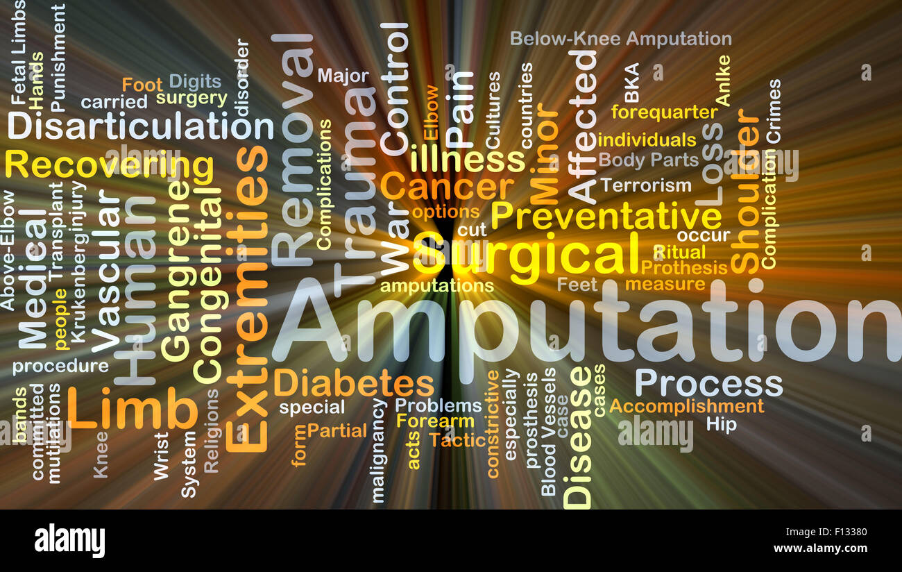 Background concept wordcloud illustration of amputation glowing light Stock Photo