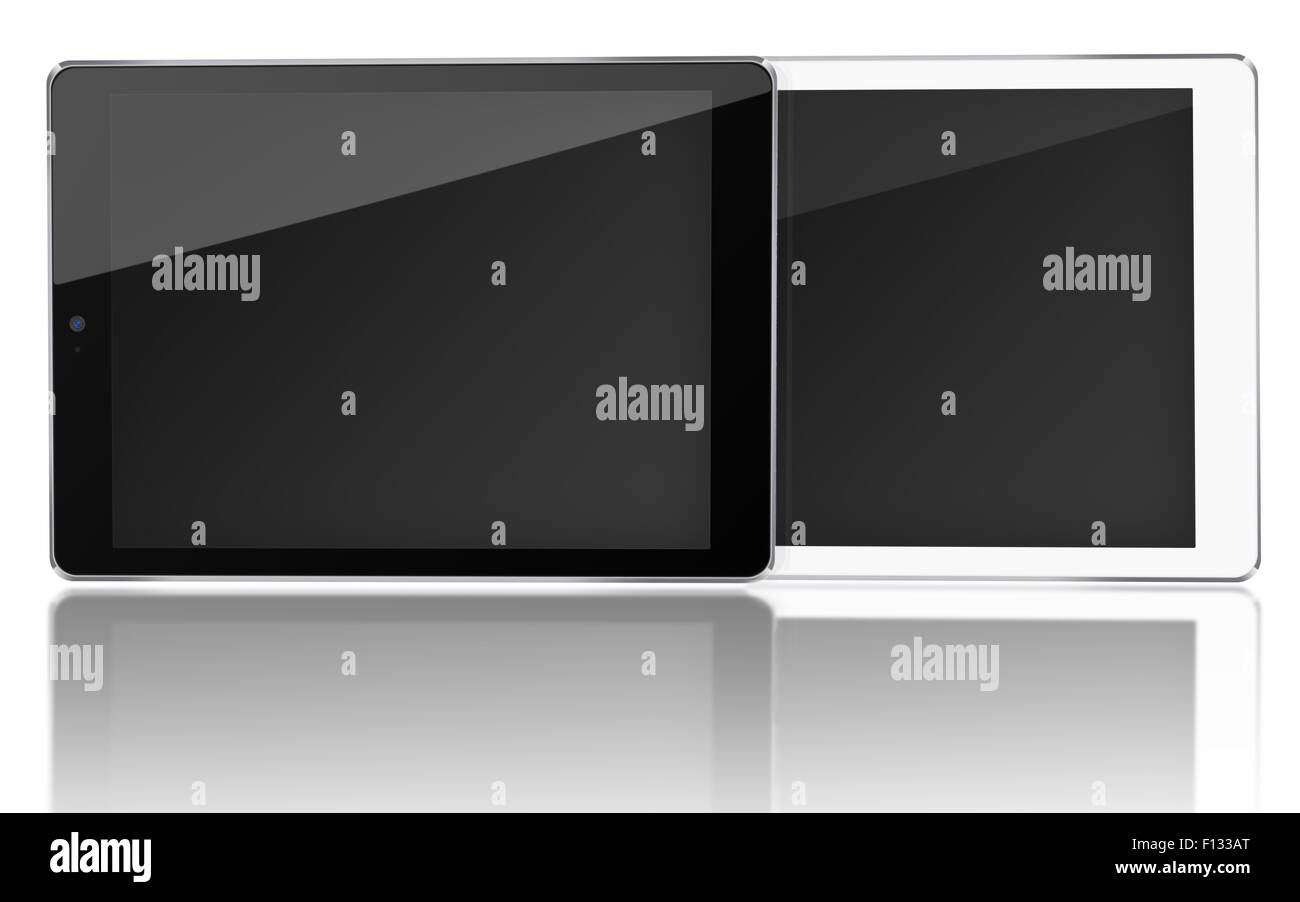 Tablet computers with black screen and reflection isolated on white