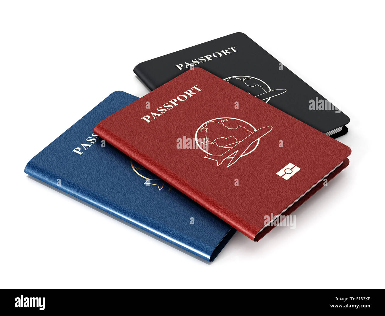 Red, blue and black passports isolated on white background Stock Photo