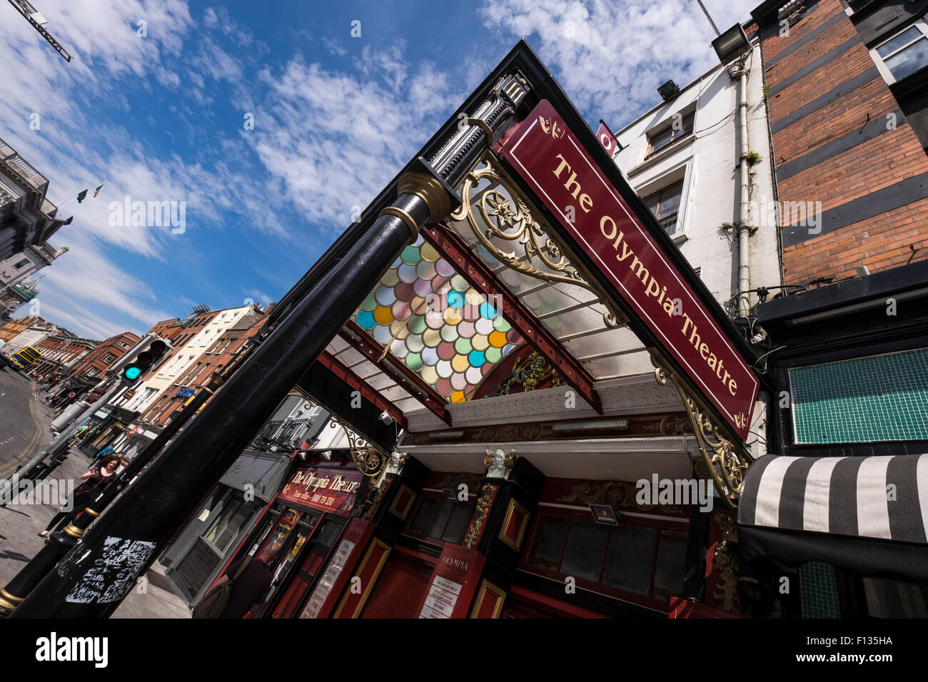 The cast iron and stained glass canopy at the entrance to the Olympia Theatre on dame Street in Dublin, Ireland. Stock Photo