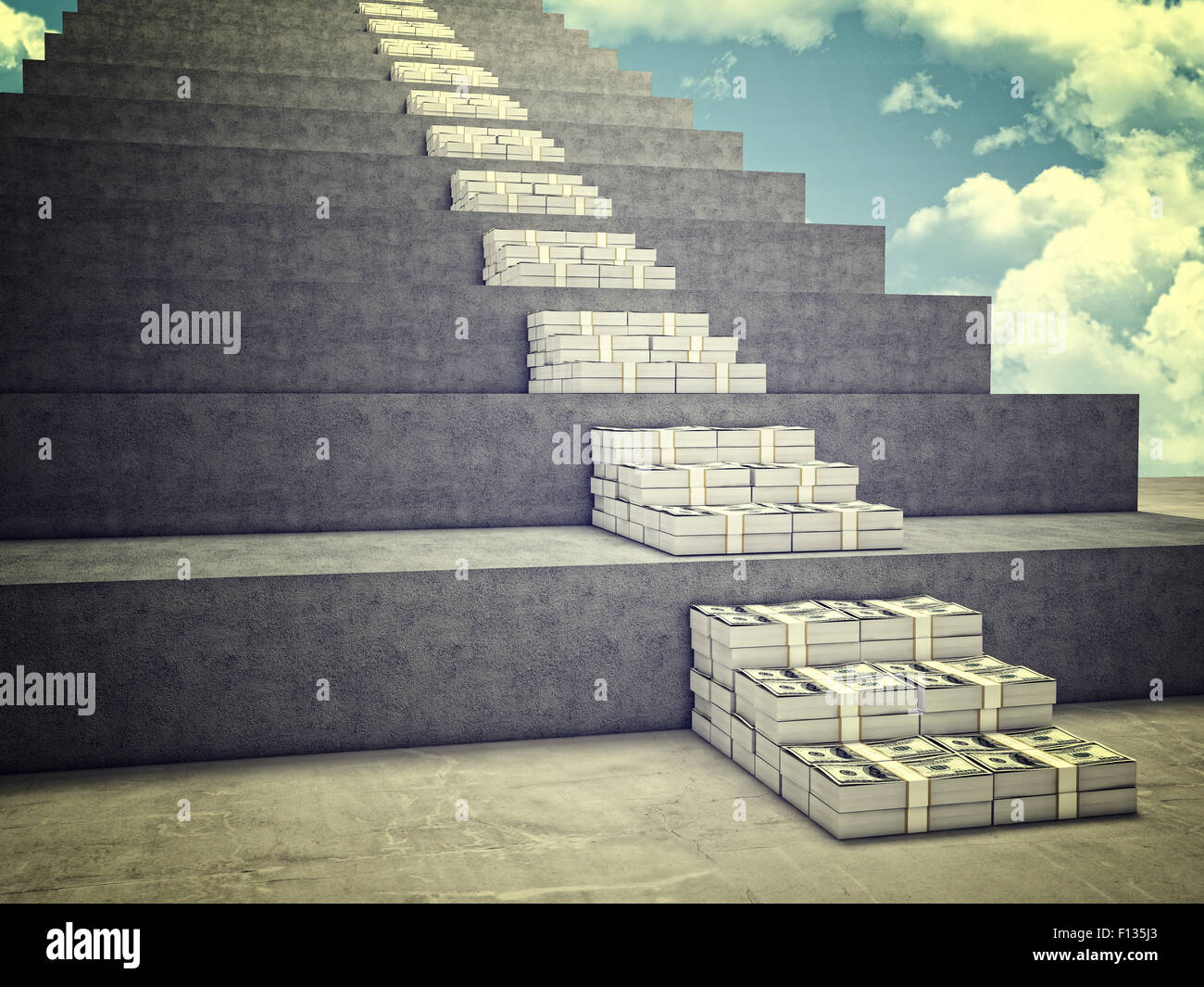 3d image of money stair and wall Stock Photo