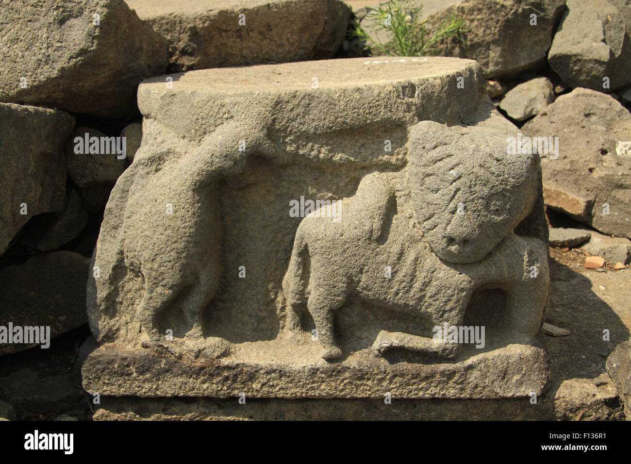Golan Heights, a stone carving in Umm el Kanatir ancient Synagogue depicting an Eagle and a Lion Stock Photo