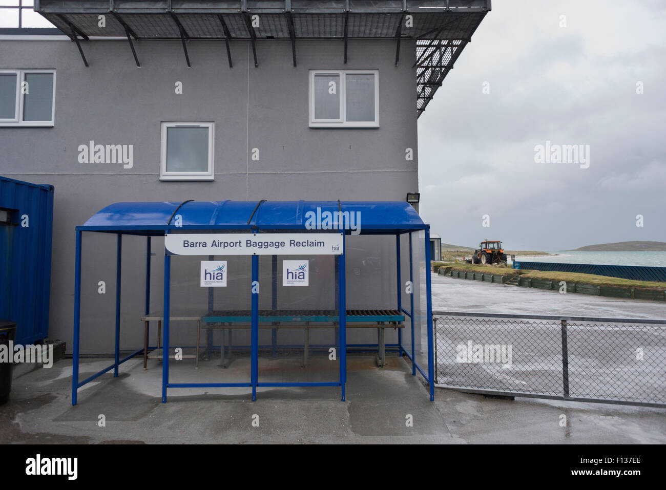 Tiny Barra airport baggage reclaim shed, Outer Hebrides, Scotland Stock Photo