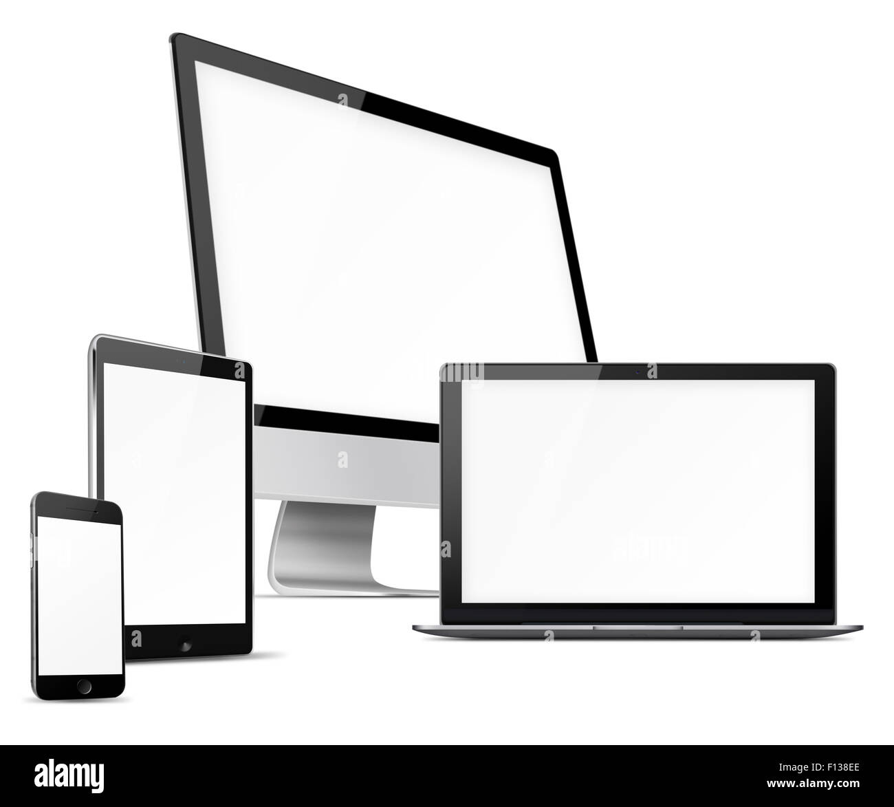 Computer monitor, mobile phone, laptop and tablet pc with blank screen ...