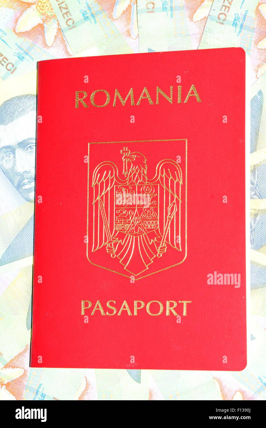 Romanian passport with currency on Europe map Stock Photo Alamy