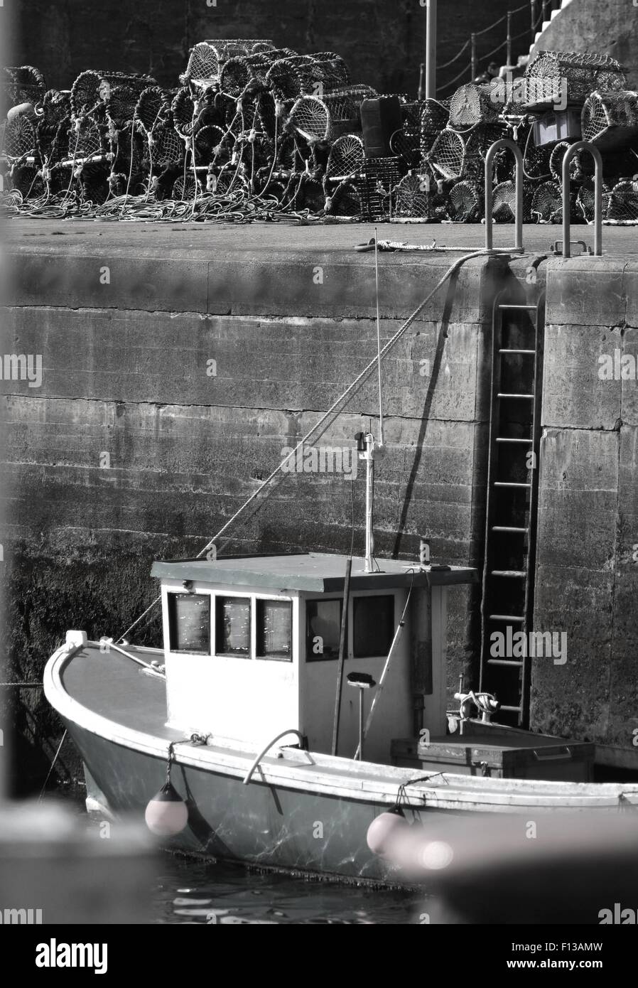 Boat in Harbour black and white Stock Photo