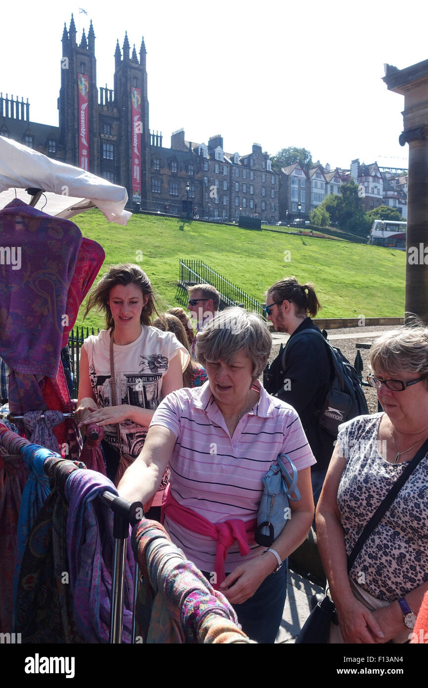 Stalls at the foot of Playfair Steps, The Mound, during Edinburgh Festival Stock Photo