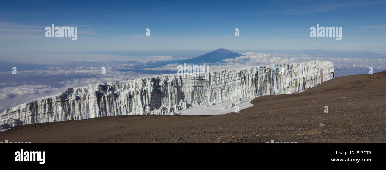 Glacier and Mount Meru seen from the summit of Mount Kilimanjaro, Tanzania Stock Photo