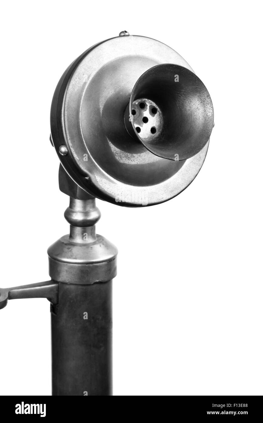 Antique candlestick telephone in black and white. Stock Photo