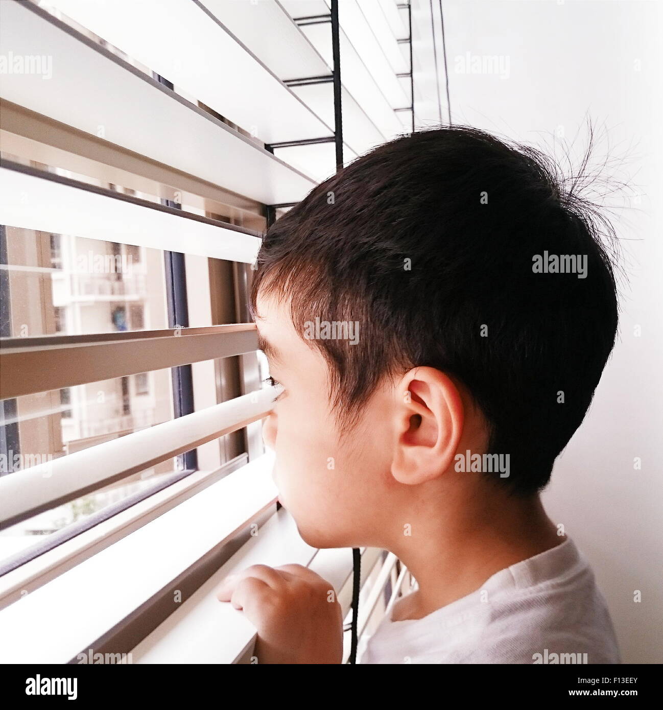Portrait of a boy looking through the window Stock Photo
