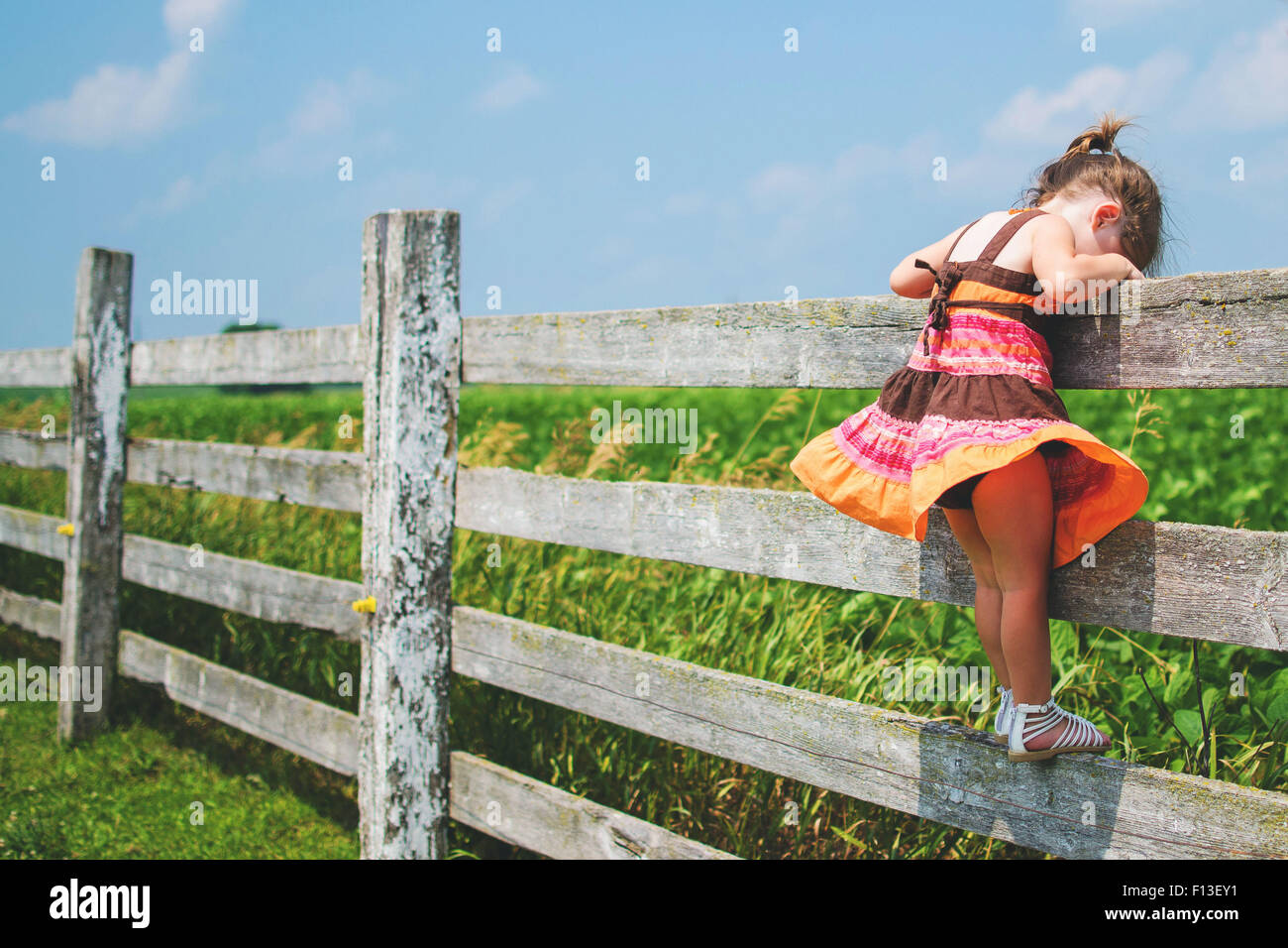 Side view of a girl standing on a fence looking down Stock Photo
