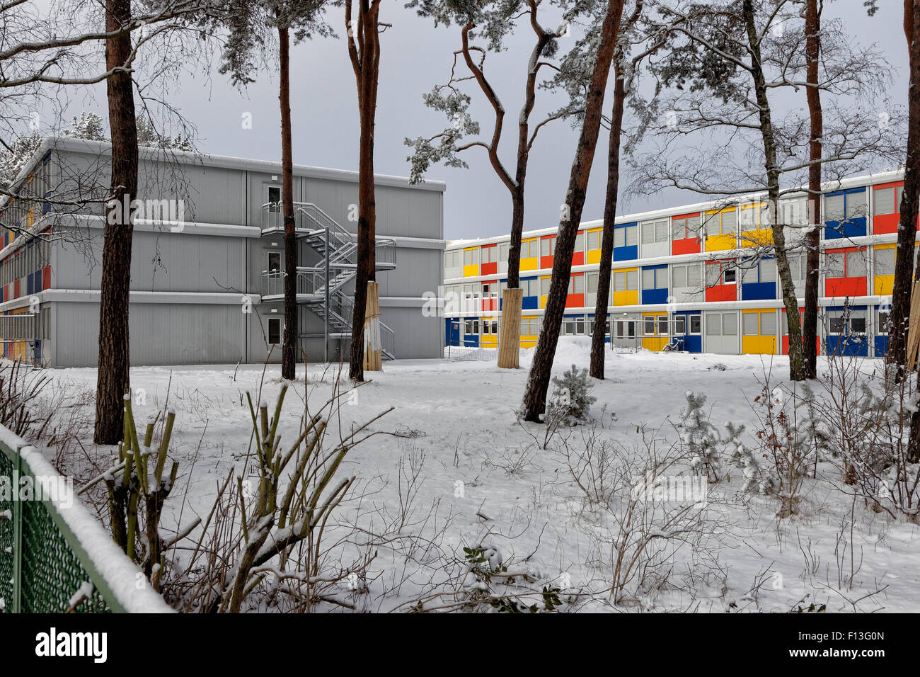Berlin, Germany, completed residential container plant in the snow Stock Photo
